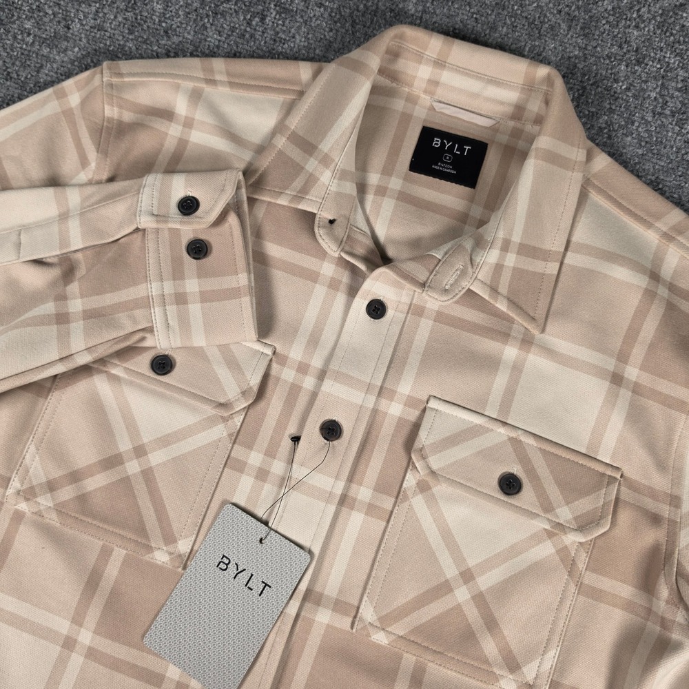 BYLT Plaid Coastal Overshirt Mens Size M Latte Plaid Tan Button Up MTBD0141 NWT